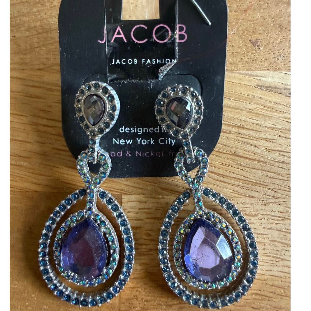 JACOB Creative Big Round Blue Purple CZ Long Drop Dangle Earrings